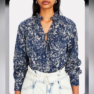 Intermix Madeline Floral Paisley Tie Front Woven Blouse Size XS Navy/Cream